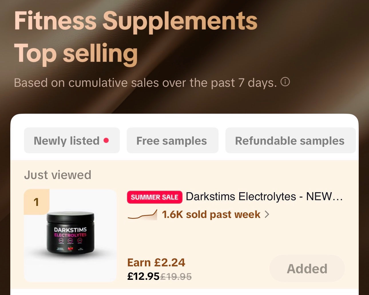 TikTok Shop top-selling ranking — Darkstims Electrolytes at number 1